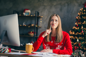 Photo of lovely girl write santa claus letter dressed christmas garment tradition atmosphere decor vibe house indoors room